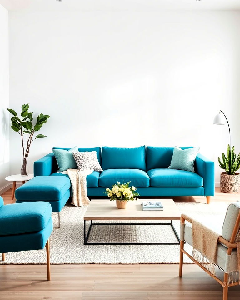 white walls for teal couch living room - 20 Teal Couch Living Room Ideas