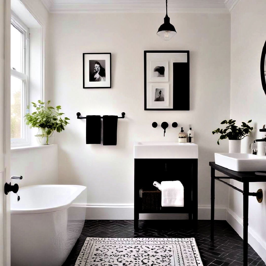 white walls with black accents - 40 Black and White Bathroom Ideas