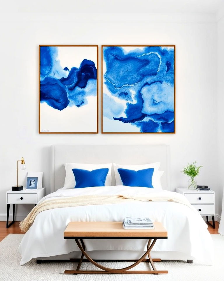 white walls with blue art pieces fro bedroom - 25 Blue and White Bedroom Ideas