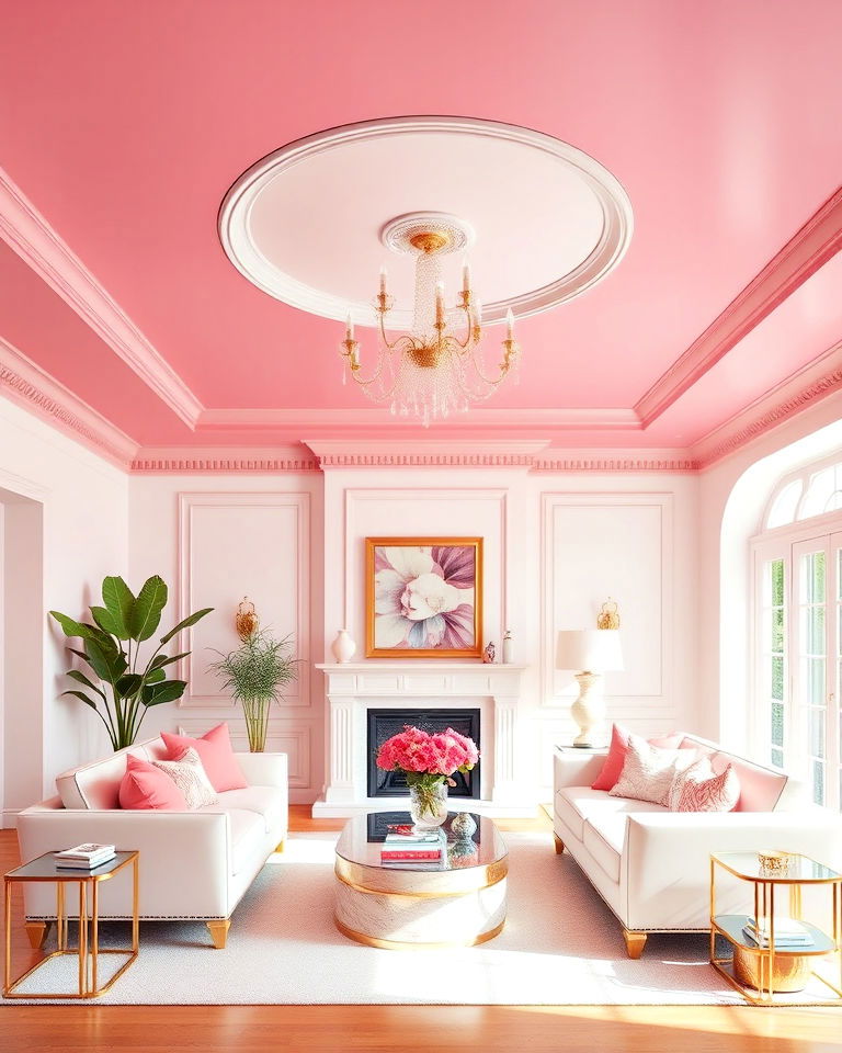 white walls with pink accent ceiling - 20 Pink and White Living Room Ideas