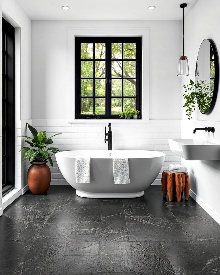 white walls with textured black stone flooring - 20 Black Floor Bathroom With White Walls Ideas