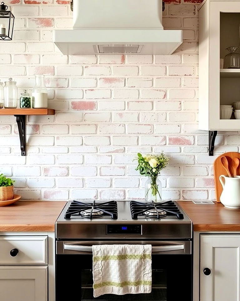 whitewashed brick backsplash for rustic charm - 15 Shabby Chic Kitchen Ideas