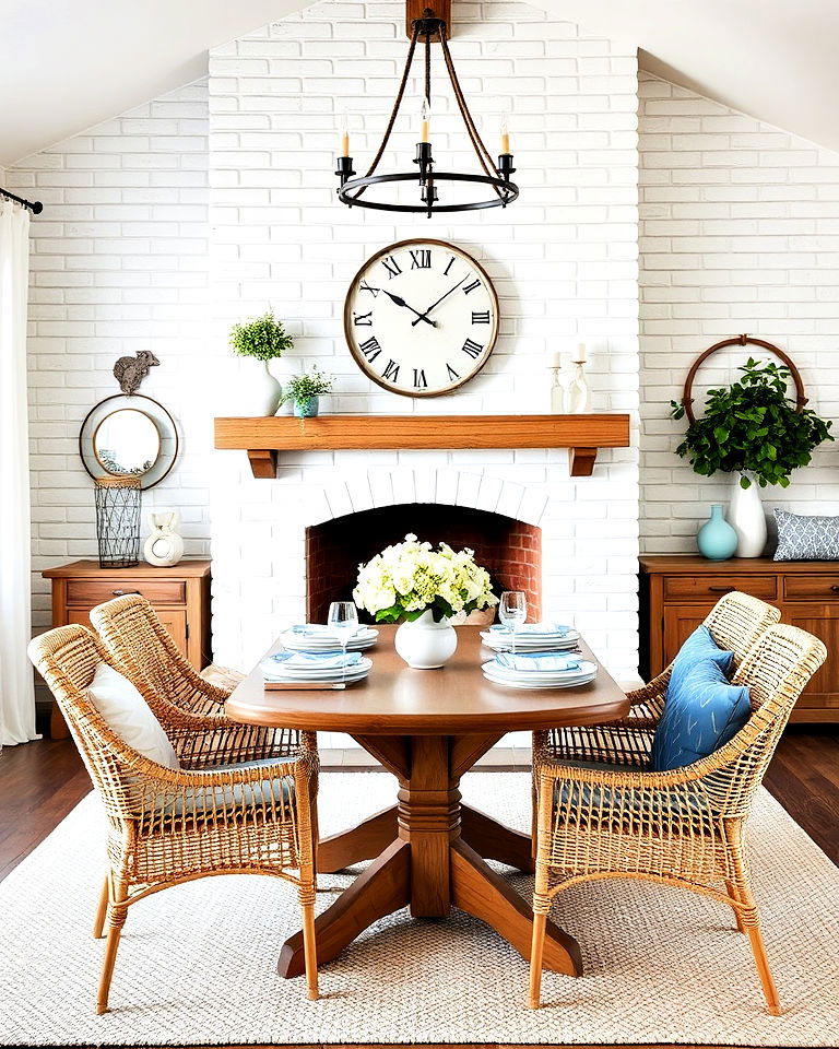 whitewashed brick fireplace with coastal dining room - 30 Dining Rooms With Fireplaces