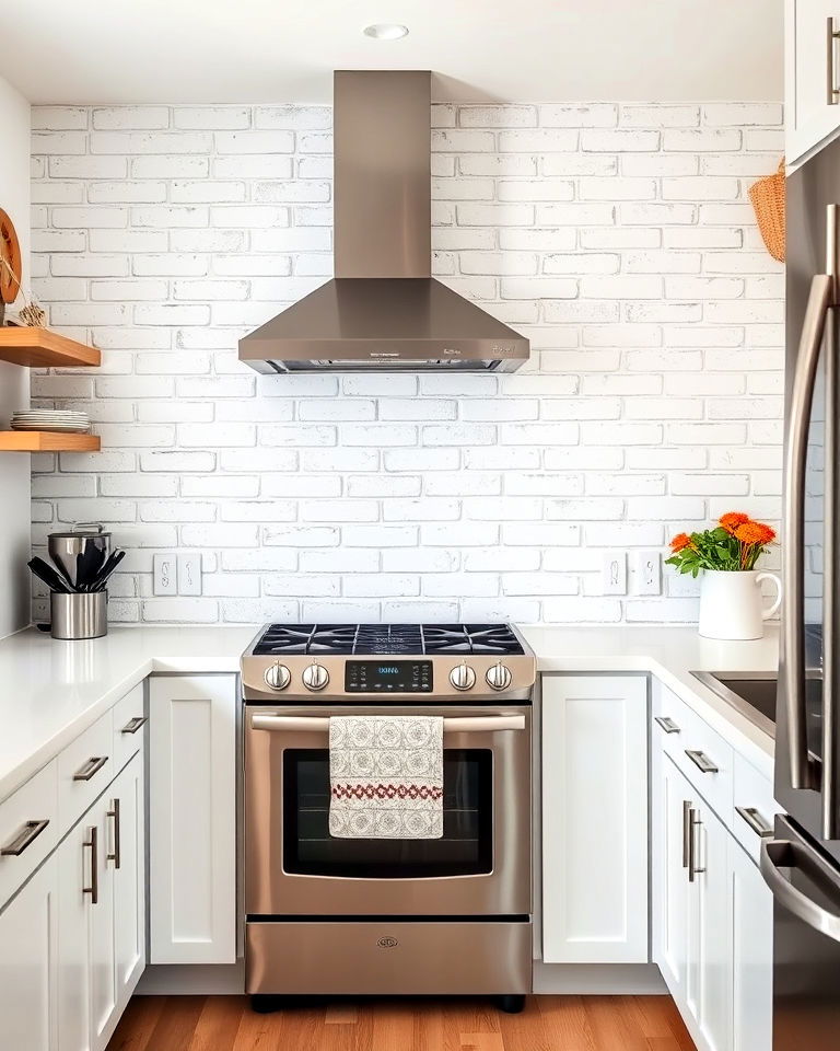 whitewashed brick to add rustic touch - 25 White Kitchen with Stainless Steel Appliances Ideas