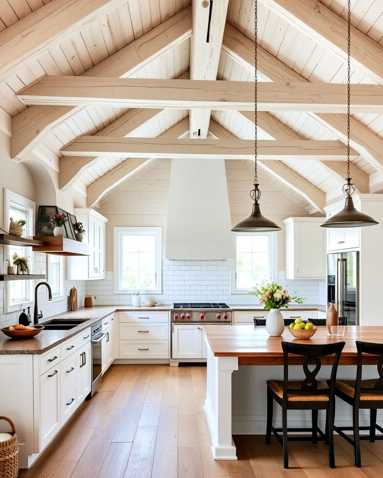 whitewashed exposed beams for rustic white kitchen - 20 Rustic White Kitchen Ideas
