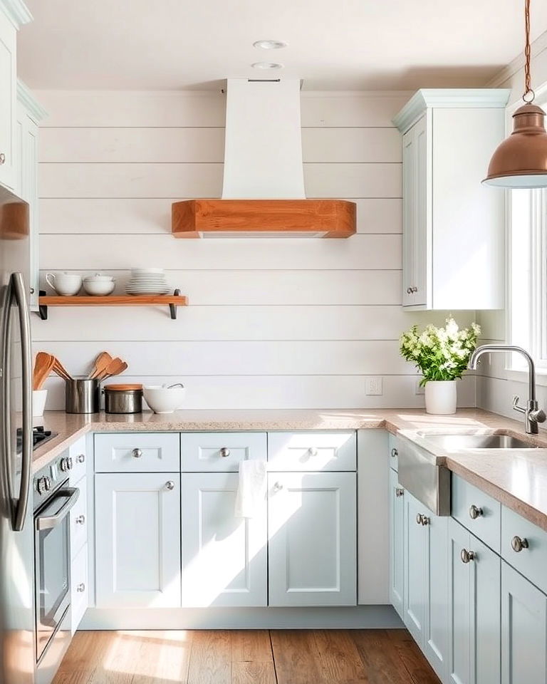whitewashed shiplap for weathered look - 30 Shiplap Backsplash Ideas for Your Kitchen