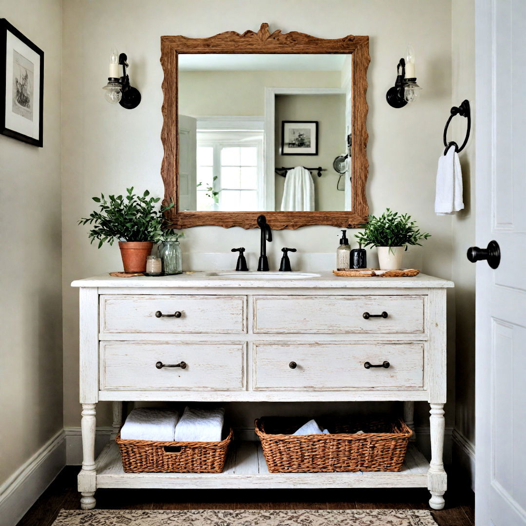 whitewashed vanity for calming atmosphere - 40 Farmhouse Bathroom Ideas