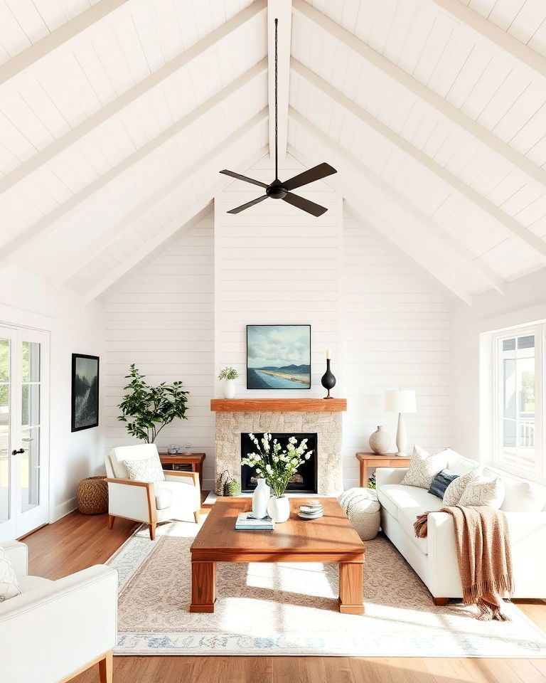 whitewashed walls for open concept vaulted ceiling living room - 20 Open Concept Vaulted Ceiling Living Room Ideas