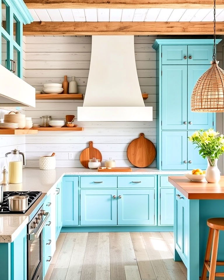 whitewashed wood with caribbean blue cabinets - 30 Blue Farmhouse Kitchen Cabinets