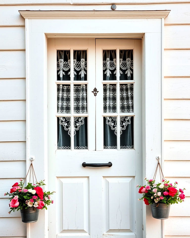 whitewashed wooden cottage door with lace curtains - 25 Cottage Front Door Ideas