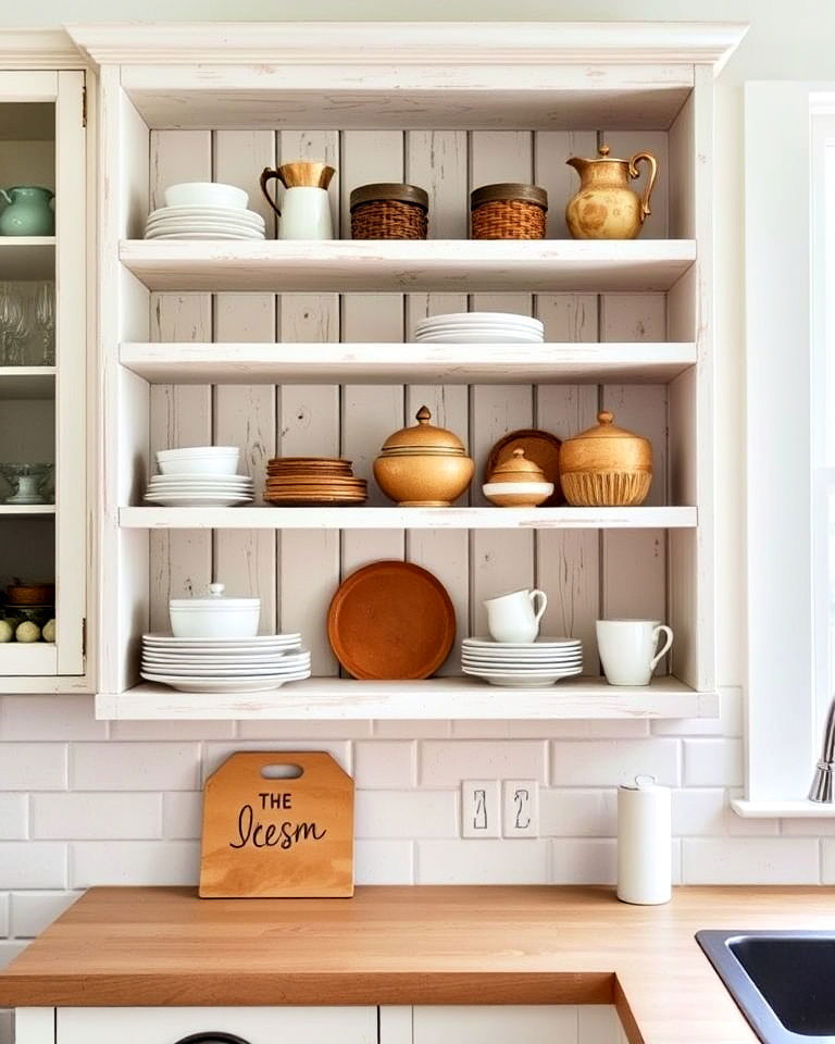 whitewashed wooden open shelves - 20 Rustic White Kitchen Ideas