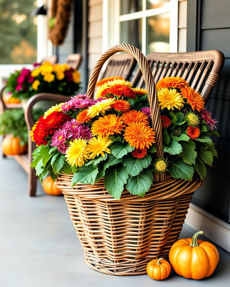 wicker basket for fall planter - 40 Fall Planter Ideas