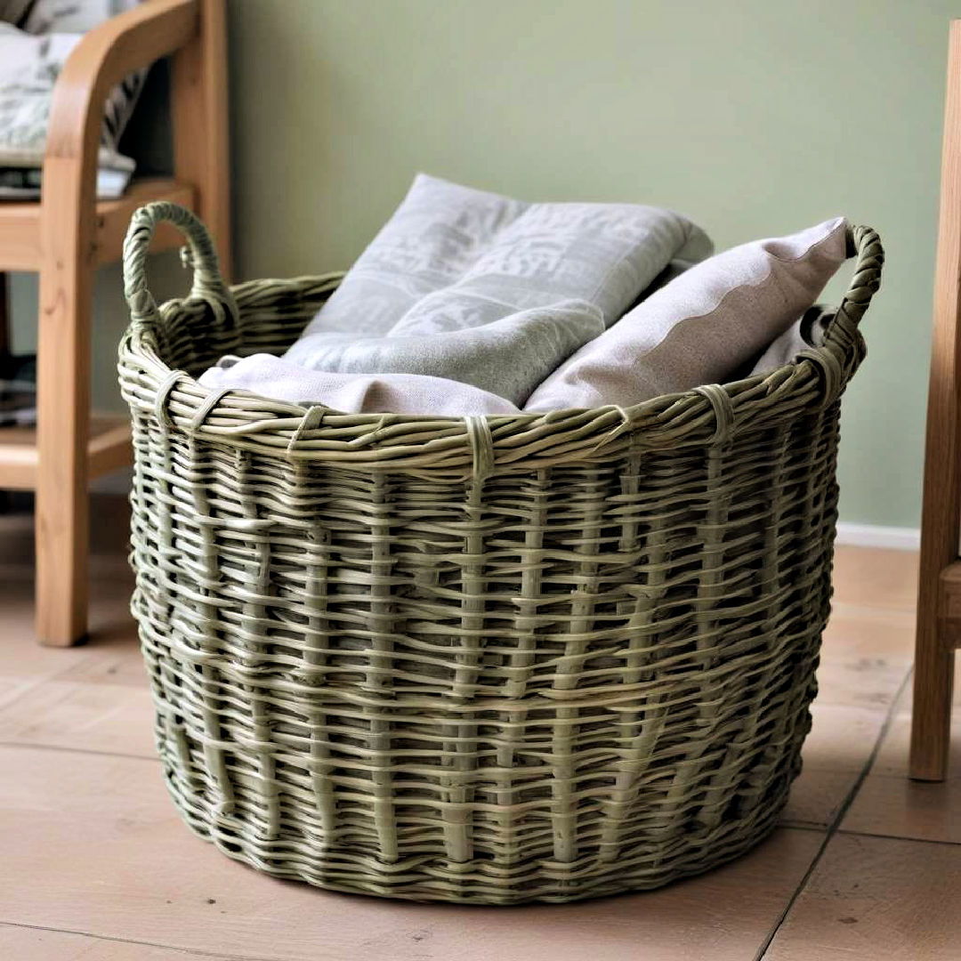 wicker basket to store blankets - 25 Rustic Sage Green Living Room Ideas