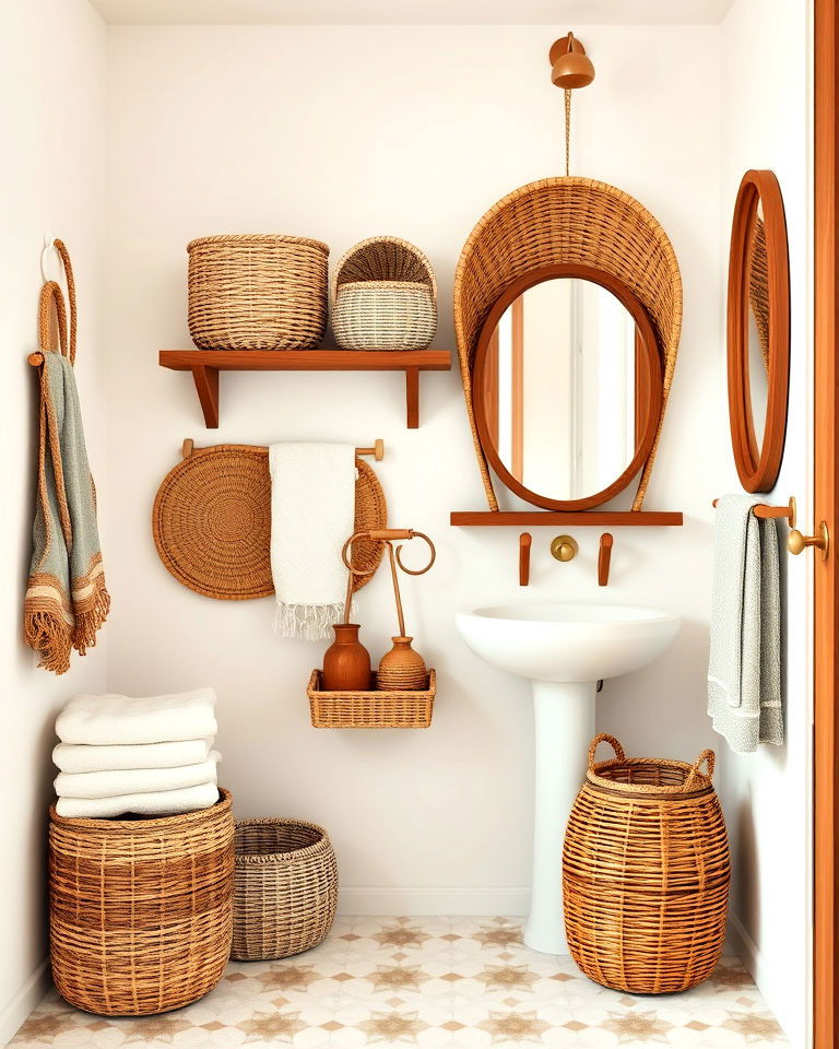 wicker baskets and brown wood accents for bathroom - 15 Brown and White Bathroom Ideas