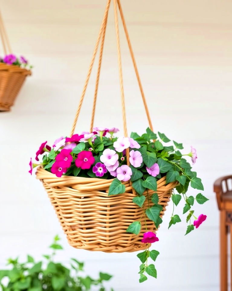 wicker baskets as planters - 20 Farmhouse Garden Ideas