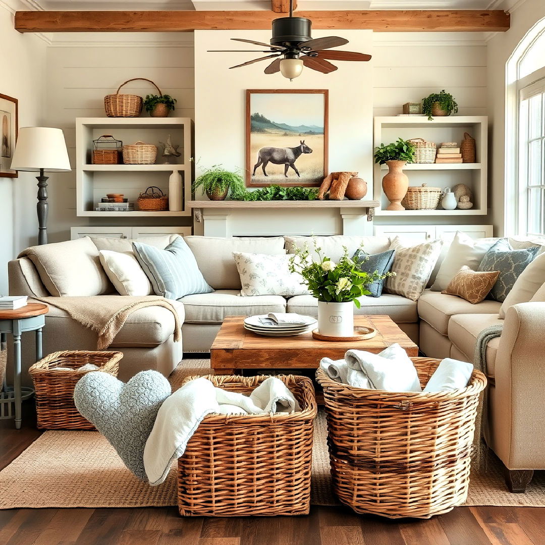 wicker baskets for storage - 25 Shabby-chic Style Living Room Ideas