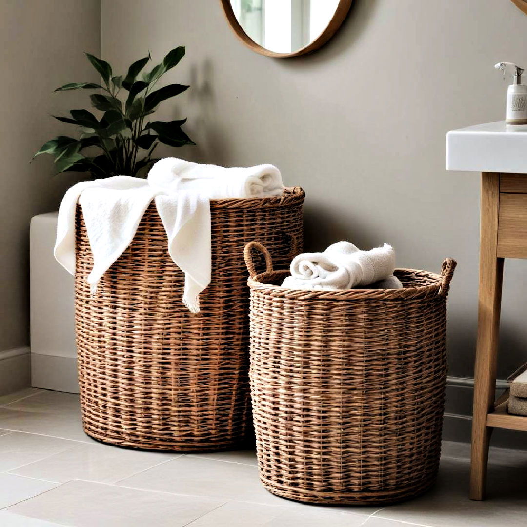 wicker hampers for storing laundry - 25 Boho Bathroom Ideas