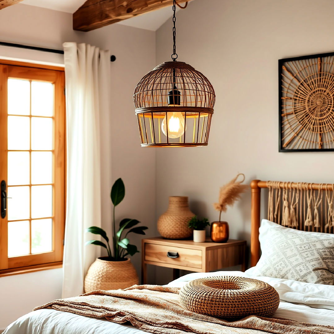 wicker hanging lantern for boho vibe - 40 Bedroom Lighting Ideas