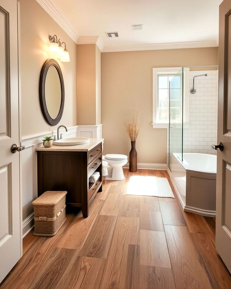 wide plank wood floor in bathroom - 25 Ideas for Wood Floors in Bathrooms