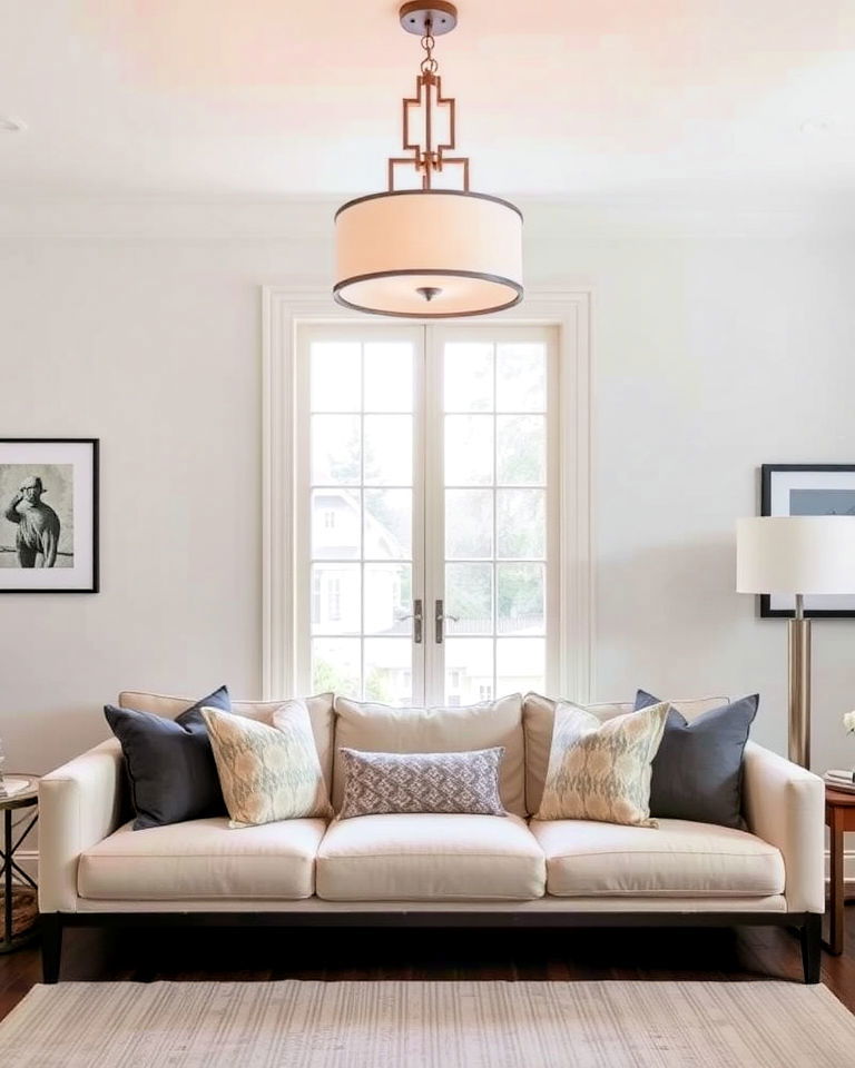 window facing neutral couch with statement lighting - 20 Couch in Front of Window Ideas