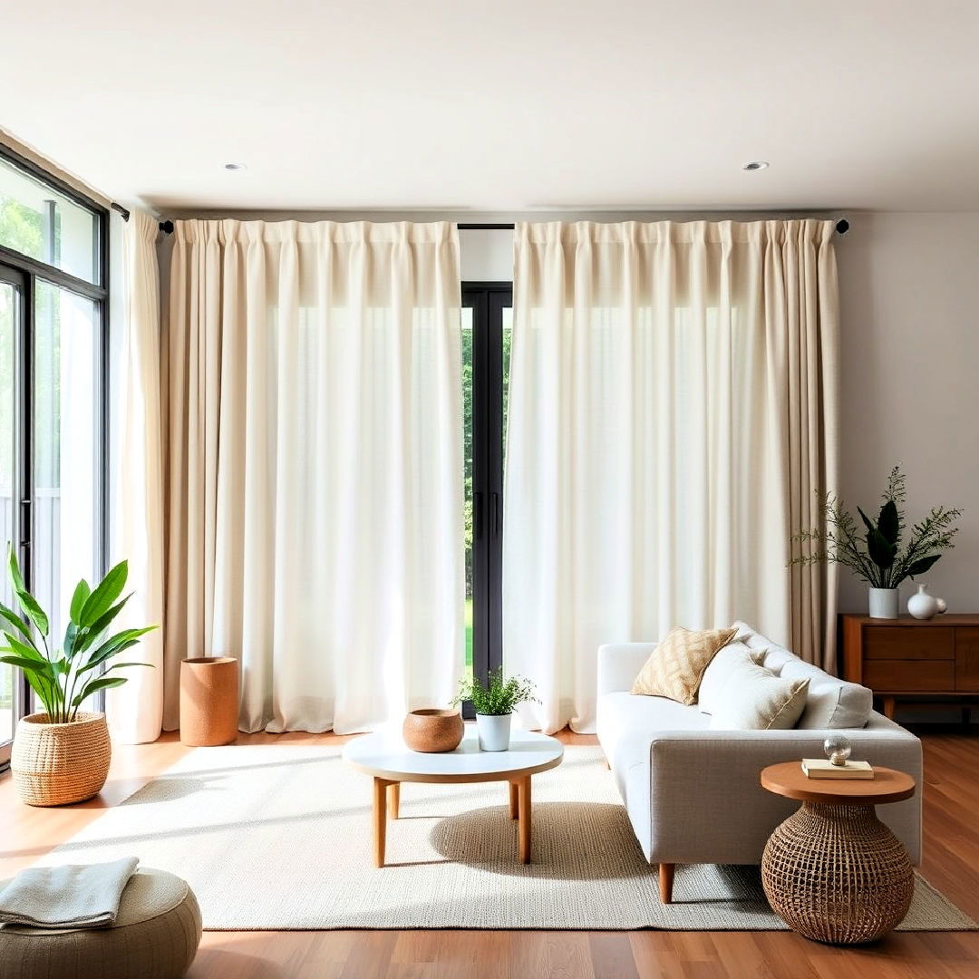 window treatment with light linen curtains - 25 Organic Modern Living Room Design Ideas