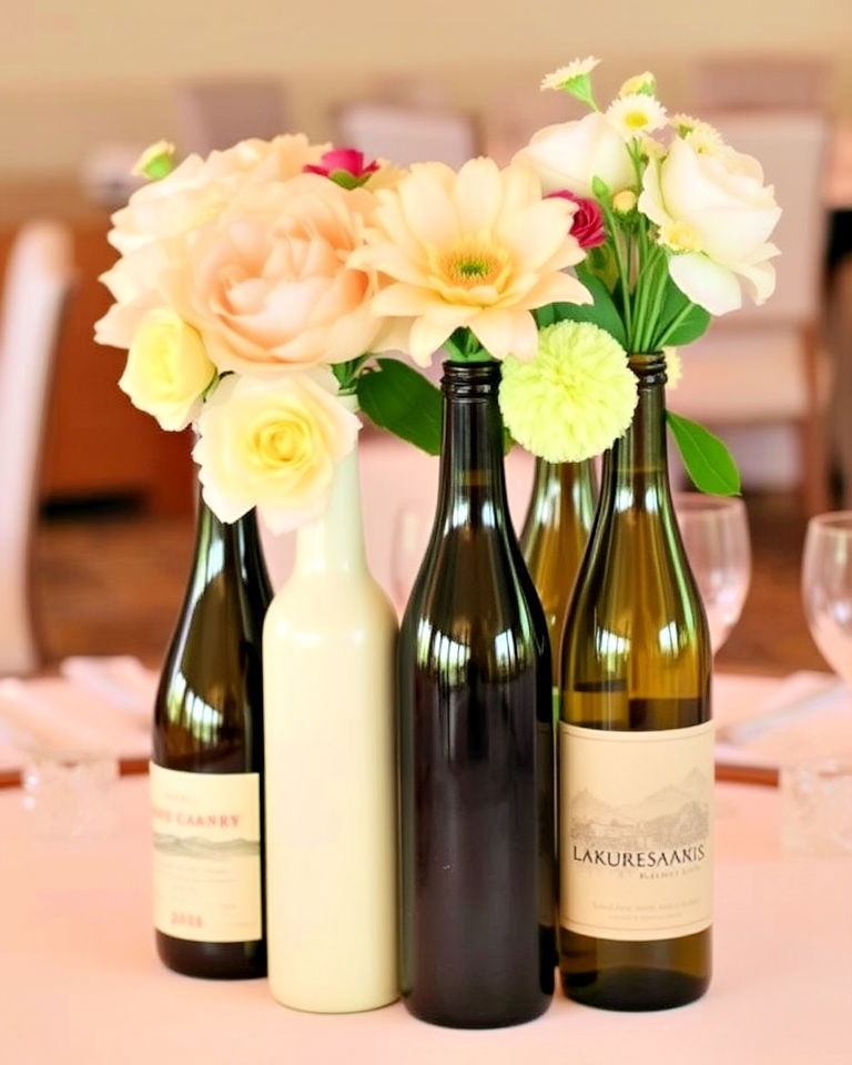 wine bottle vases for floral arrangements - 30 Rehearsal Dinner Centerpiece Ideas