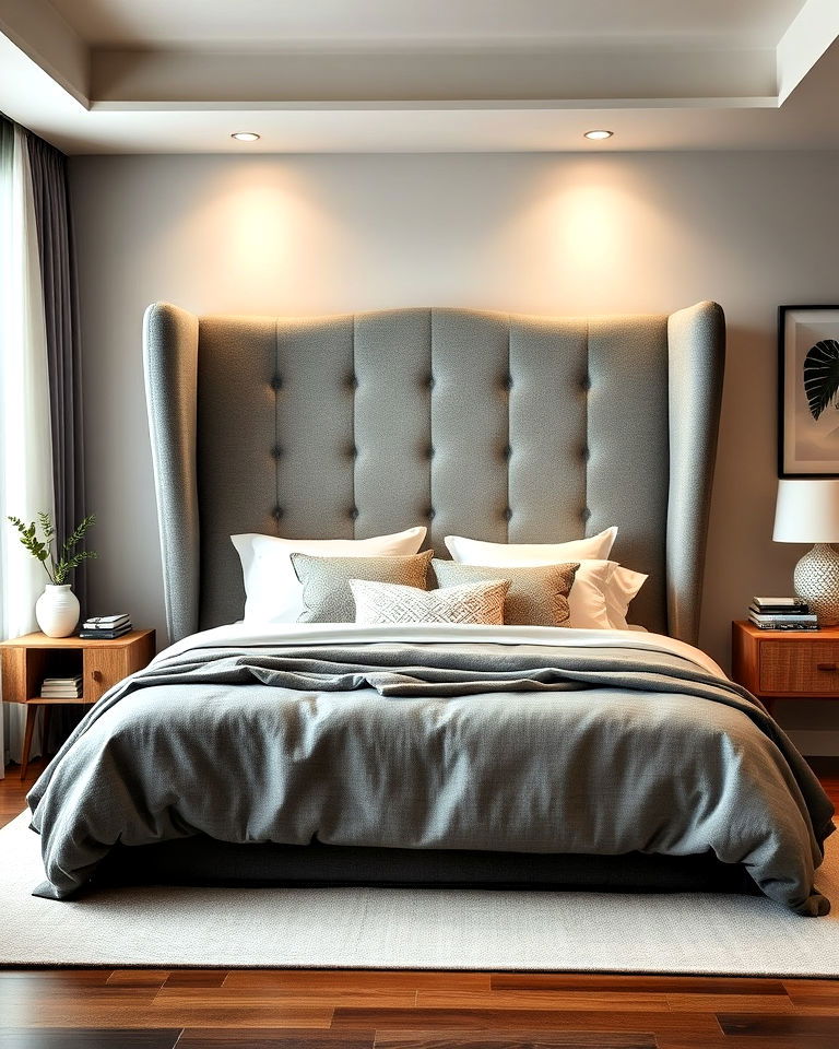wingback grey headboard design - 25 Grey Headboard Bedroom Ideas