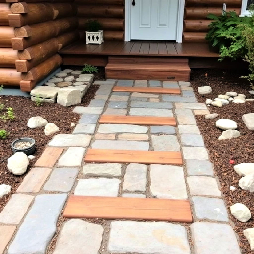 wood and paver combo to add rustic charm - 30 Paver Walkway Ideas
