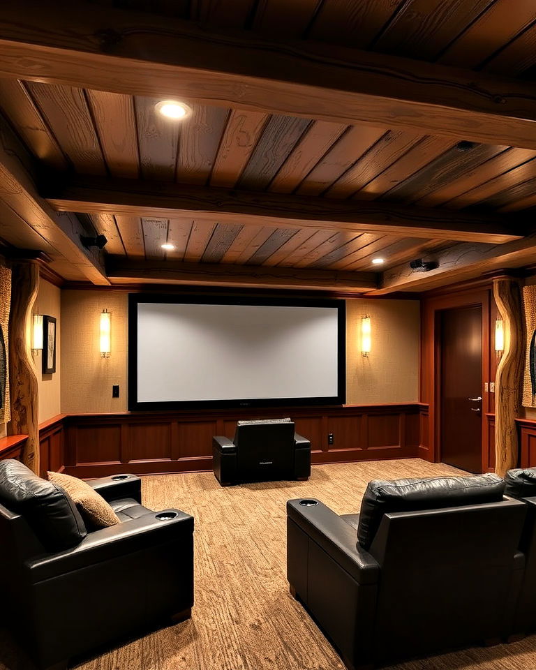 wood beams to add rustic touch - 25 Basement Home Theater Ideas