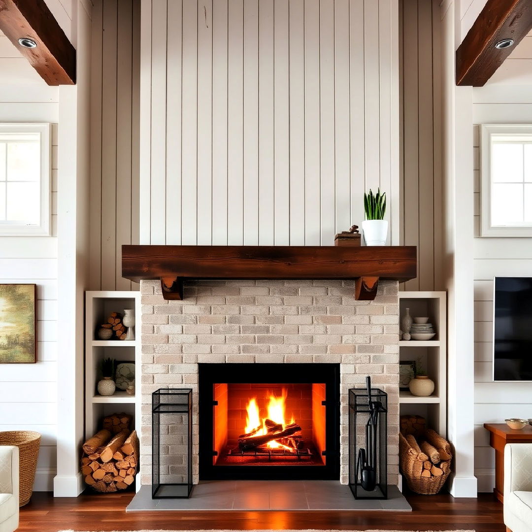 wood burning fireplace with shiplap surround - 25 Two-story Fireplace Ideas