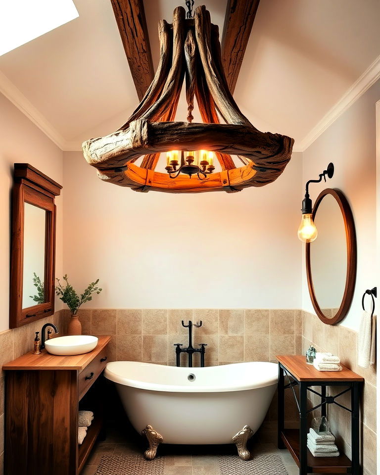 wood chandelier to add rustic touch - 20 Bathroom Chandelier Ideas