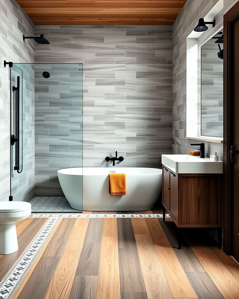 wood floor with tile inlays for bathroom - 25 Ideas for Wood Floors in Bathrooms