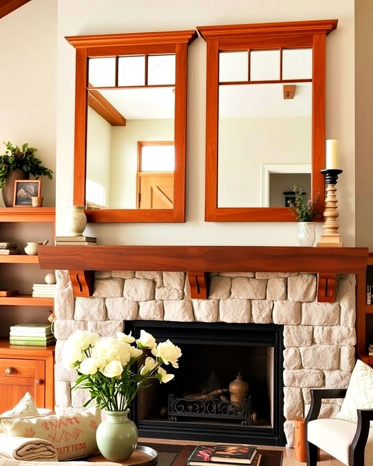 wood framed mirrors to add depth - 30 Craftsman Living Room Ideas