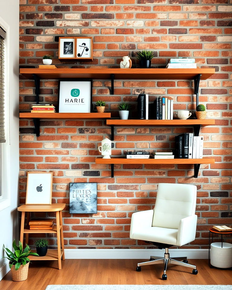 wood shelving with brick accent wall - 20 Brick Accent Wall Ideas