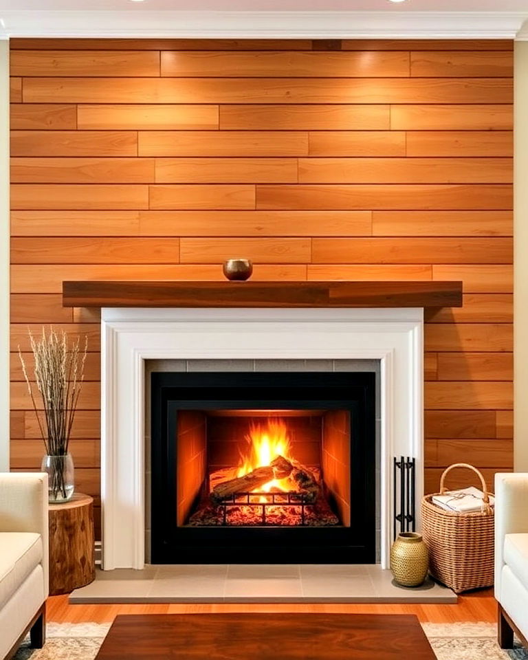 wood slat accent wall behind a fireplace - 40 Wood Slat Accent Wall Ideas