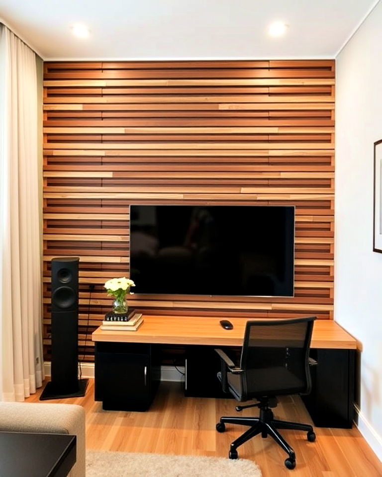 wood slat accent wall with acoustic benefits - 40 Wood Slat Accent Wall Ideas
