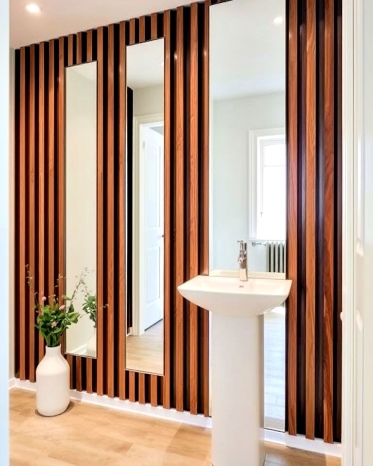 wood slat accent wall with mirrors - 40 Wood Slat Accent Wall Ideas