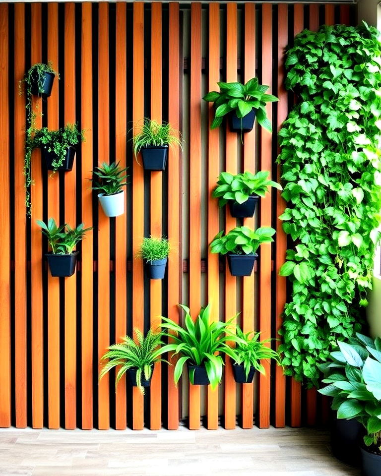 wood slat accent wall with vertical garden - 40 Wood Slat Accent Wall Ideas