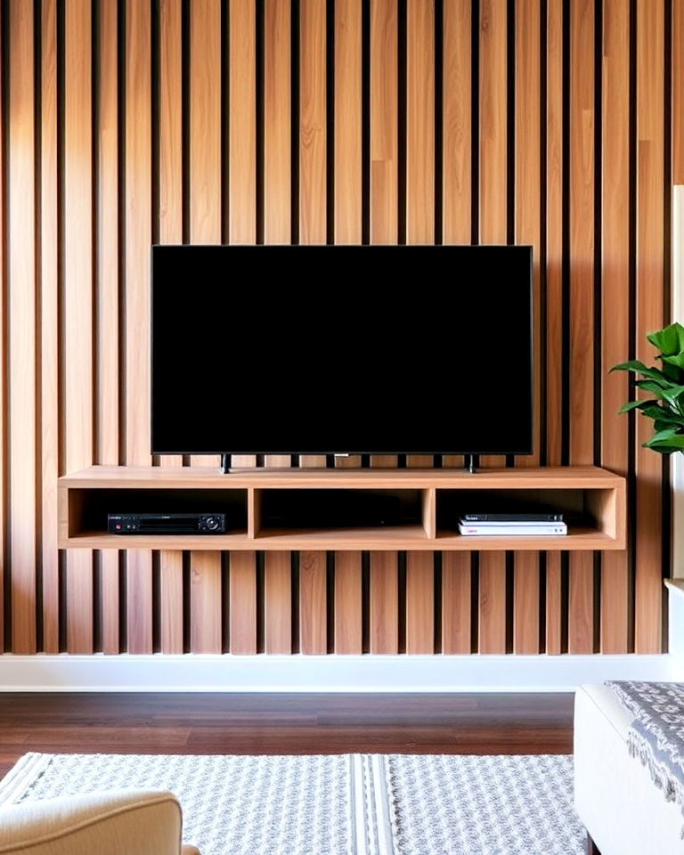 wood slat backdrop for floating tv unit - 40 Wood Slat Accent Wall Ideas