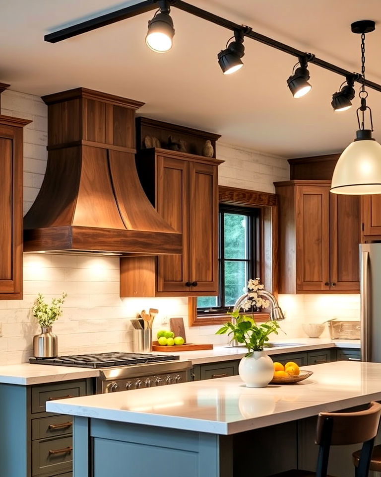 wood trimmed track lighting for rustic kitchen - 20 Kitchen Track Lighting Ideas