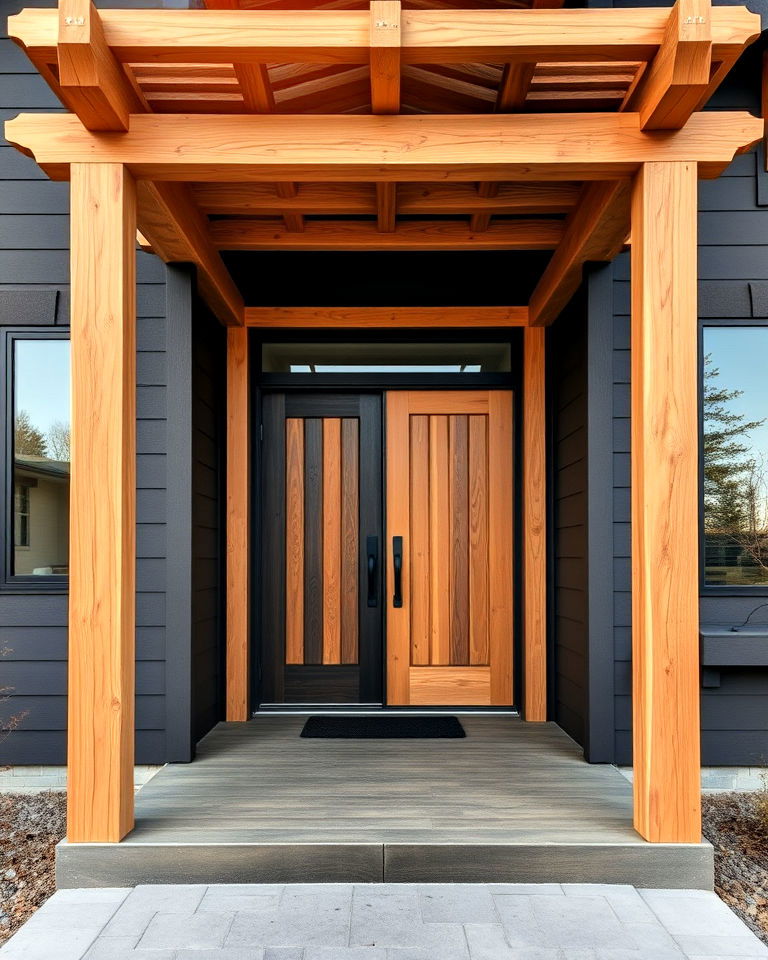 wooden accents and charcoal brown exterior - 25 Dark Brown House Exterior Ideas