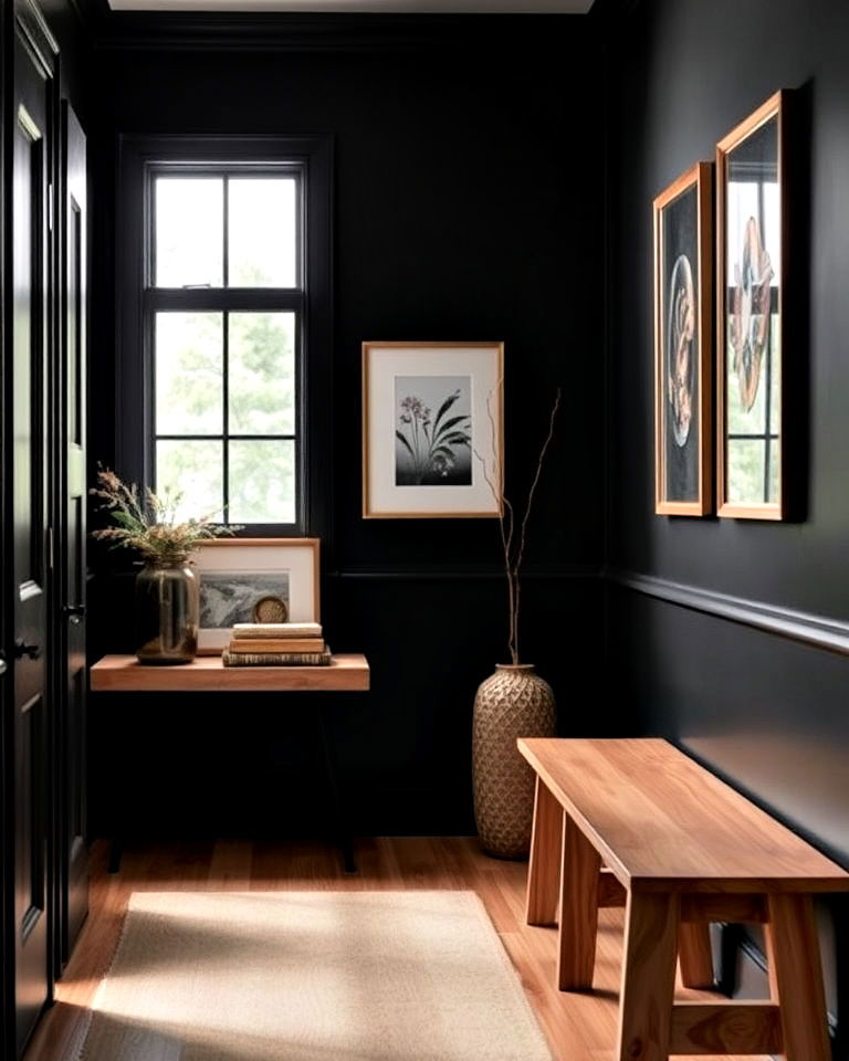 wooden accents for black hallway - 15 Black Hallway Ideas