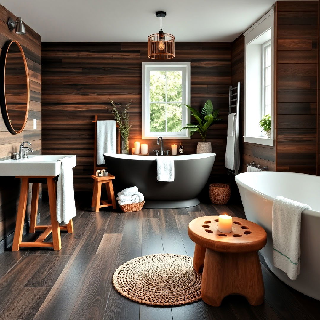 wooden accents for spa like ambiance - 25 Dark Wood Floor Bathroom Ideas