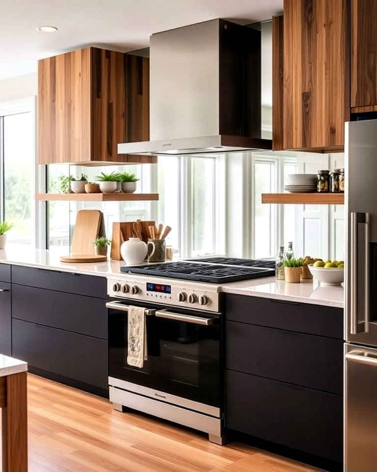 wooden accents with mirrored backsplash - 30 Mirrored Backsplash Kitchen Ideas
