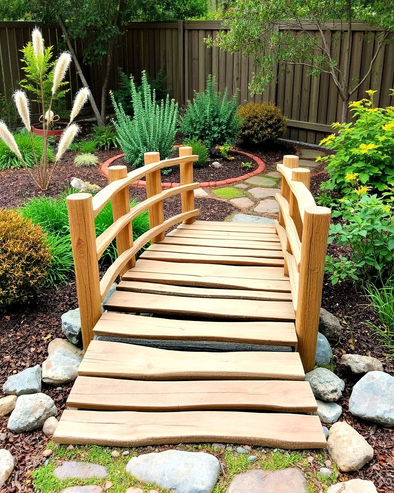 wooden bridge for fairy tale feel - 30 Rustic Landscaping Ideas