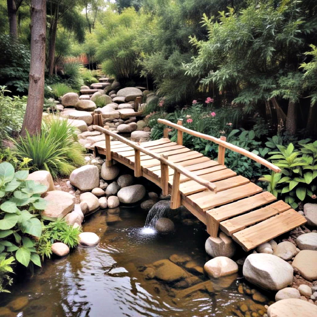 wooden bridge over garden stream - 25 Zen Garden Ideas