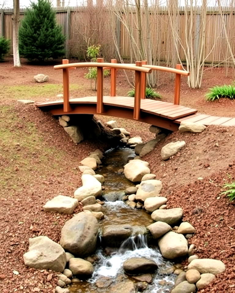 wooden bridge to add whimsical touch - 25 Down Sloped Backyard Ideas
