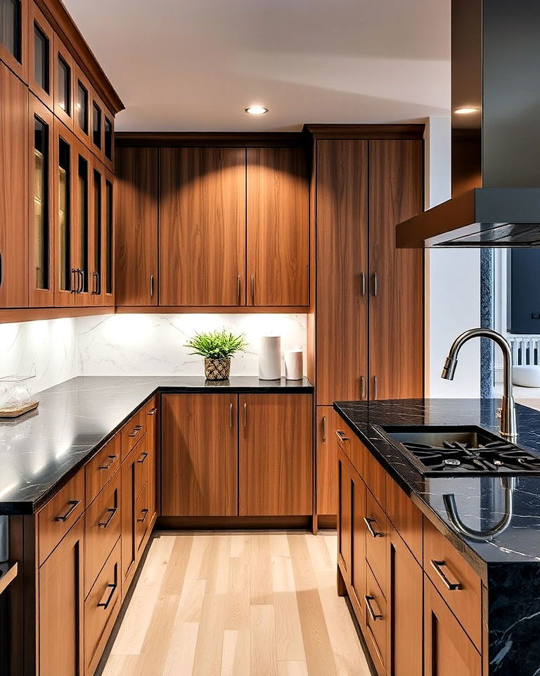 wooden cabinets and black marble countertops - 20 Black and Brown Kitchen Ideas