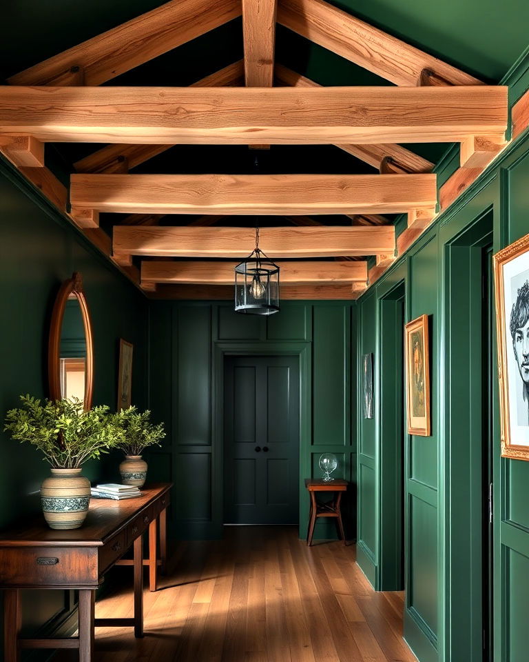 wooden ceiling beams for hunter green hallway - 20 Green Hallway Ideas