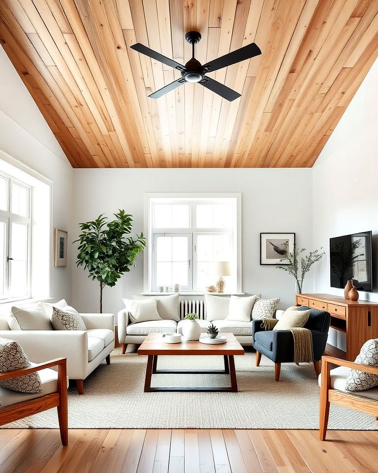 wooden ceiling panels for bold rustic touch - 30 Rustic Scandinavian Living Room Ideas